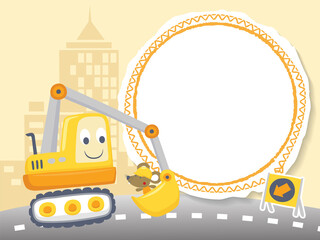 Vector cartoon of blank empty background frame with funny excavator and mouse on buildings background