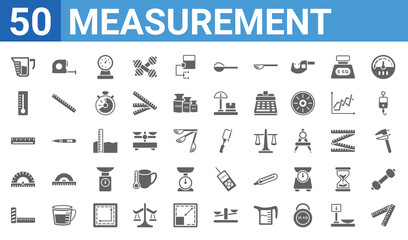 set of 50 measurement web icons. filled glyph icons such as carpenter ruler,cup scale,null,protactor,scale measurement,thermometer fahrenheit and celsius,measureming tape,cuttin wrench. vector