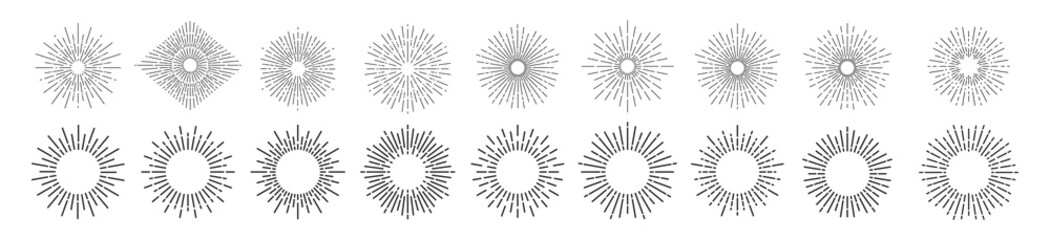 Wall Mural - Set of Sun burst vector icon illustration. light rays elements, Vintage sunburst, Starburst ray or firework decoration with hand drawn sunshine beams.