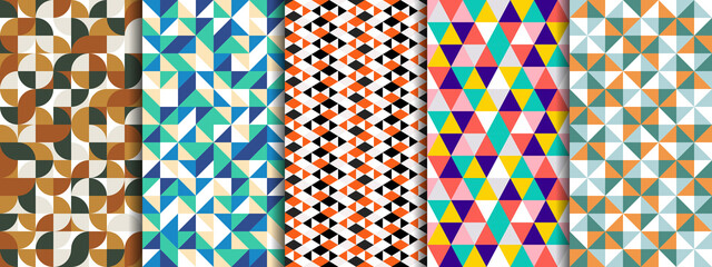 Set of geometric seamless pattern with circle, square, rounded, triangle and hexagon. Five style colorful vector background.