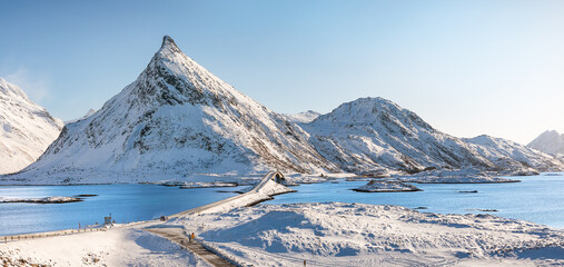 Wall Mural - fredwang bridges on a winter sunny day. lofoten islands, norway
