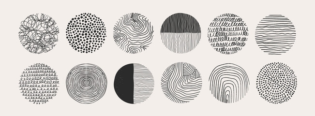 big set of round abstract black backgrounds or patterns. hand drawn doodle shapes. spots, drops, cur
