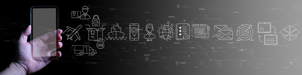 Leinwandbilder - Businessman hand using smart phone of global logistics network distribution and transportation Ui, Smart logistics, Innovation future of transport on grey background.