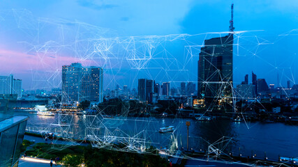 Fototapete - Wireless network and Connection technology concept with Abstract Bangkok city background