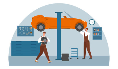 Two male mechanics in overalls repairig car. Concept of automobile maintenance. Convertable vehicle is lifted up and being examined from underneath. Flat cartoon vector Illustration