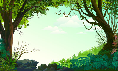 Birds chirping while resting on tree branches. A lush green outfield with rocks, trees, and plants