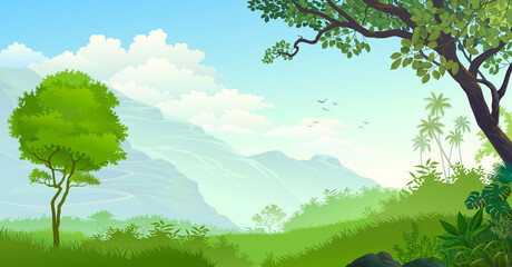 Palm trees, leaves, green grass, and mountains in the background.