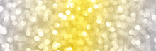 Bokeh Circle With Gold Sparkles Background. Yellow And Grey Glitter Backdrop. Golden Texture. New Year Luxury Snow. Copyspace. Shimmer Confetti Wallpaper. Dreamy Shiny Design Detail