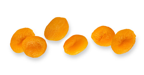 Poster - Isolated fruit banner. Dried apricot fruits with clipping path on white background with shadows. Flat lay. Full death of field.