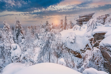 Wall Mural - Landscape with purple color, mountains, forest and snow cover. Ural, Russia Perm Krai Stone City.