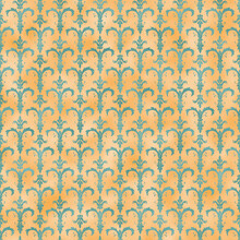 Damask Foil Texture Seamless Pattern Teal Leaves Gold Background