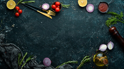 Wall Mural - Organic food background. Free space for your text. Top view.
