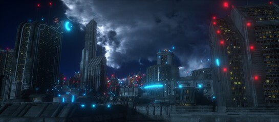 Night urban landscape. Huge futuristic skyscrapers with red and blue neon lights against the night sky with clouds. Cyberpunk style scene. City of the future. 3D illustration.