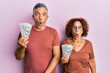 Sticker - Beautiful middle age couple holding dollars scared and amazed with open mouth for surprise, disbelief face