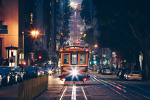 San Francisco Cable Car Trolley Tram On California Street At Night