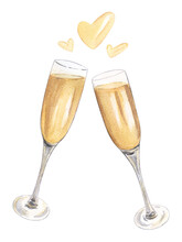 Two Glasses Of Champagne Watercolor Illustration