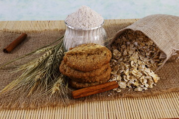 Wall Mural - healthy wholegrain organic oatmeal cooki with oatmeal flour,rolled oatmeal flakes