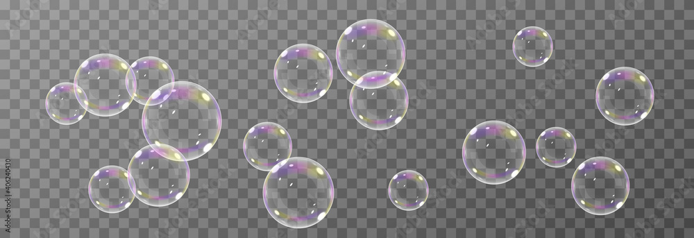 Vector soap bubble. Realistic soap bubble png, glare. Foam bubbles png. Powder, soap, detergent. Vector image. - obrazy, fototapety, plakaty 