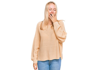 Sticker - Young blonde girl wearing casual clothes bored yawning tired covering mouth with hand. restless and sleepiness.