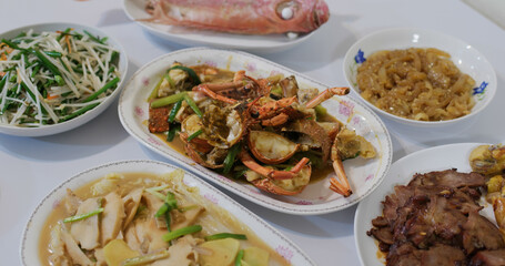 Poster - Steamed fish and lobster with roasted pork in chinese family homemade dinner