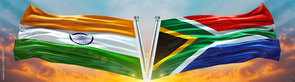 Double Flag South Africa and India flag waving flag with texture sky ...