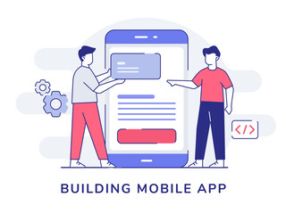 Wall Mural - building mobile app character collaboration programmer developer around big smartphone with outline 