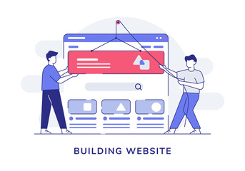 Wall Mural - building website character collaboration programmer developer pulley ui wireframe with outline style
