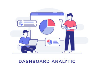 Wall Mural - dashboard analytic character men collaboration analyzing statistic chart with outline style