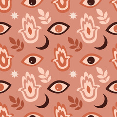 Wall Mural - vector seamless pattern on esoteric theme in boho style with hand drawn naive eyes, hamsa, moon, stars and plants. pattern for printing on fabric, wrapping paper. background for web and apps