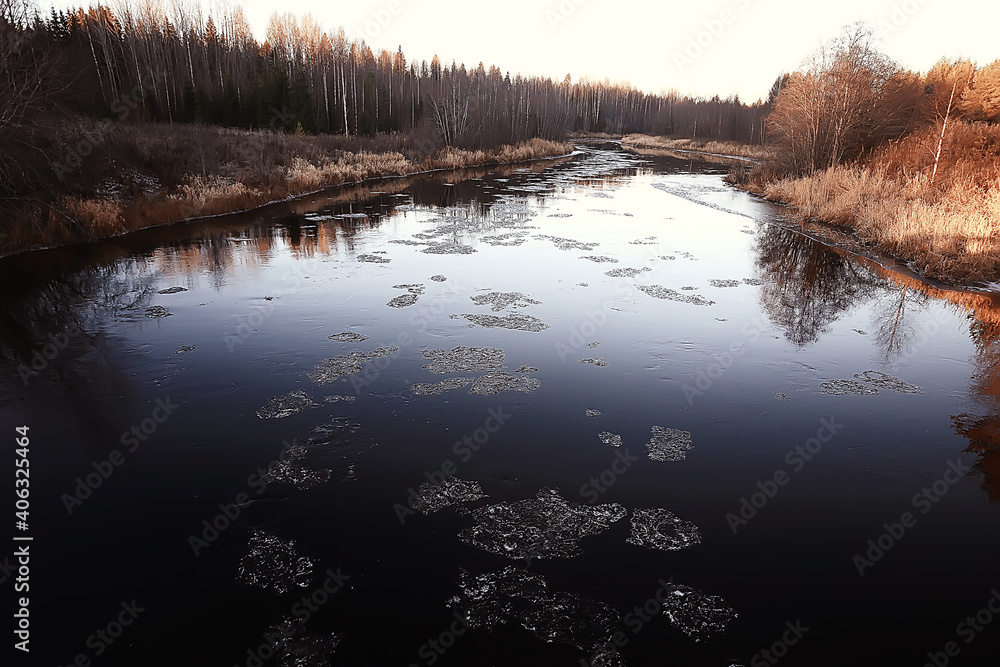 freezing river november december, seasonal landscape in nature winter - obrazy, fototapety, plakaty 