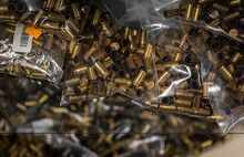 Empty Brass Pistol Cartridges, Ammo In Bulk On Display At A Gun Shop, Ammunition Shortage In California