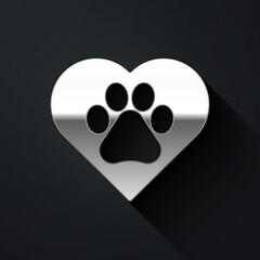 Wall Mural - Silver Heart with animals footprint icon isolated on black background. Pet paw in heart. Love to the animals. Long shadow style. Vector.