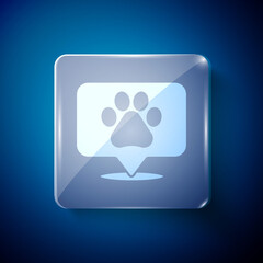 Sticker - White Map pointer with veterinary medicine hospital, clinic or pet shop for animals icon isolated on blue background. Vet or veterinarian clinic. Square glass panels. Vector.