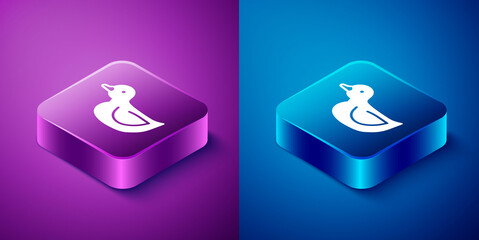 Sticker - Isometric Rubber duck icon isolated on blue and purple background. Square button. Vector.