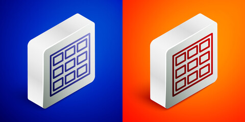 Canvas Print - Isometric line Chocolate bar icon isolated on blue and orange background. Silver square button. Vector.