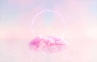Leinwandbilder - Natural beauty podium backdrop for product display with dreamy cloud and neon light background. Romantic 3d seascape scene.