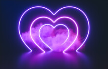 Futuristic Modern Empty Stage. Reflective Dark Room With Glowing Neon Heart Shape And Cloud. 3d Render.