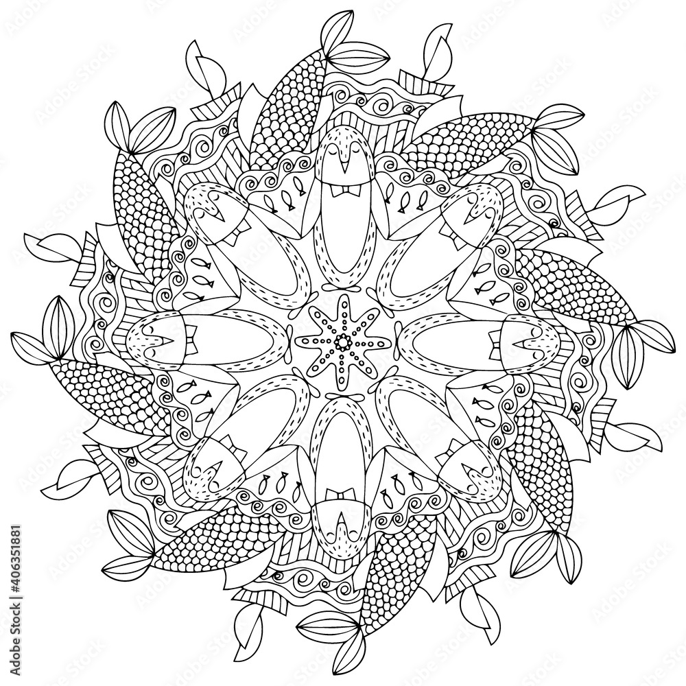 Mandala sea theme penguins coloring page for kids and adults Stock ...