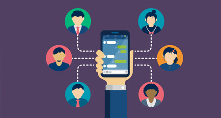 Hand holding smartphone vector banner illustration ( SNS, Chat app motif )