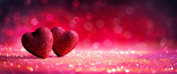 Wall Mural - abstract defocused valentines card with red hearts on shiny glitter