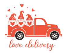 Valentine Vintage Truck With Gnomes And Hearts. Retro Red Pickup Isolated On White Background. Valentine's Day Illustration. Love Delivery Truck With Cute Valentine Gnomes.