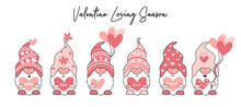 Cute Valentine Gnome In Pink With Heart Balloon And Letter, Cartoon Flat Vector Illustration