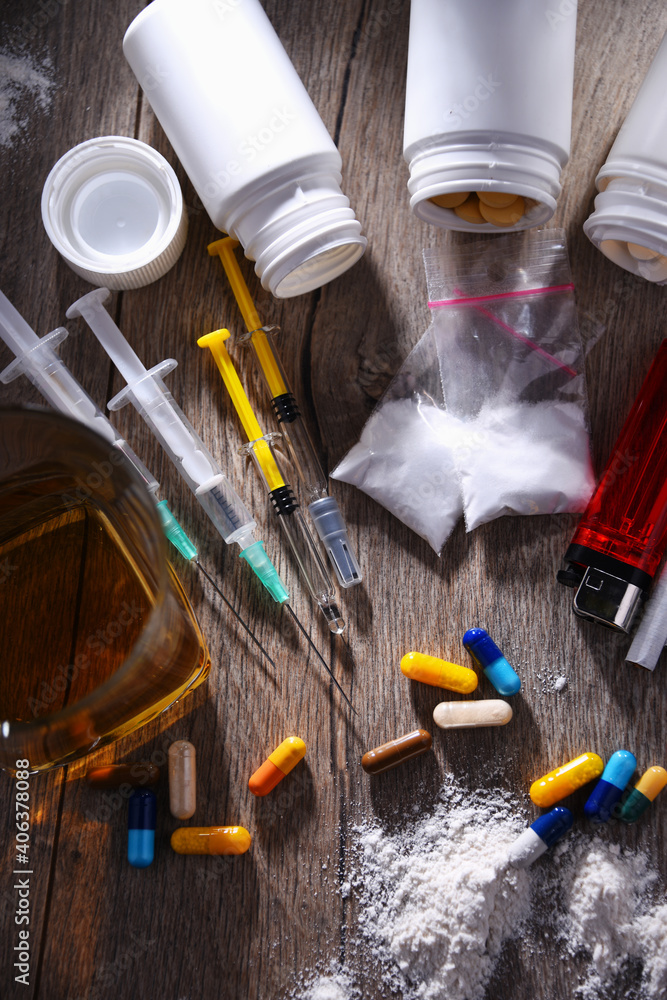 Addictive substances, including alcohol, cigarettes and drugs Stock ...