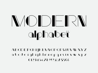 Modern stylized alphabet design with uppercase, lowercase, numbers and symbol