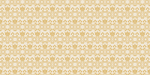 Gold ornament on a white background. Seamless wallpaper texture. Vector graphics