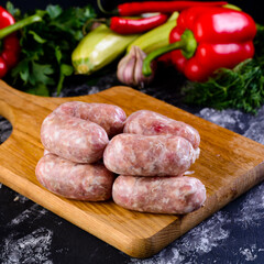 Sticker - Fresh raw sausage on wooden board, Raw barbecue sausages with spices and vegetables. Top view Freshly made raw breed butchers sausages. Free space