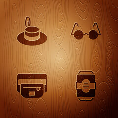 Sticker - Set Energy drink, Man hat, Waist bag of banana and Eyeglasses on wooden background. Vector.