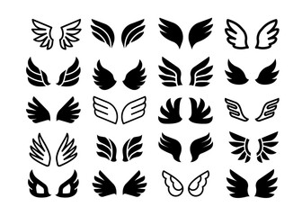 Wing pair icons. Simple angel or birds black silhouette and line symbols, eagle hawk and phoenix feather wings set. Tattoo template, stickers or emblems vector decorative cartoon isolated collection