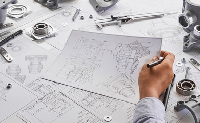 Fototapete - Engineer technician designing drawings mechanical parts engineering Engine.manufacturing factory Industry Industrial work project blueprints measuring bearings caliper tools