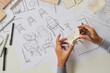 © Chaosamran_Studio - Designer sketching drawing design development product plan draft chair armchair Wingback Interior furniture prototype manufacturing production. designer studio concept .